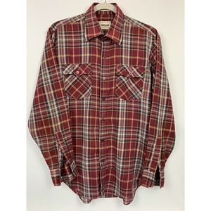 Vintage Campus Rugged Country Men's Shirt Red Tan Plaid Long Sleeve M Cowboy